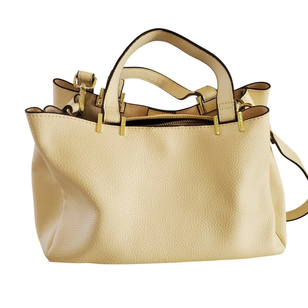 Steve Madden Cream Pebbled Satchel Crossbody Bag Gold Hardware Triple Compartmen